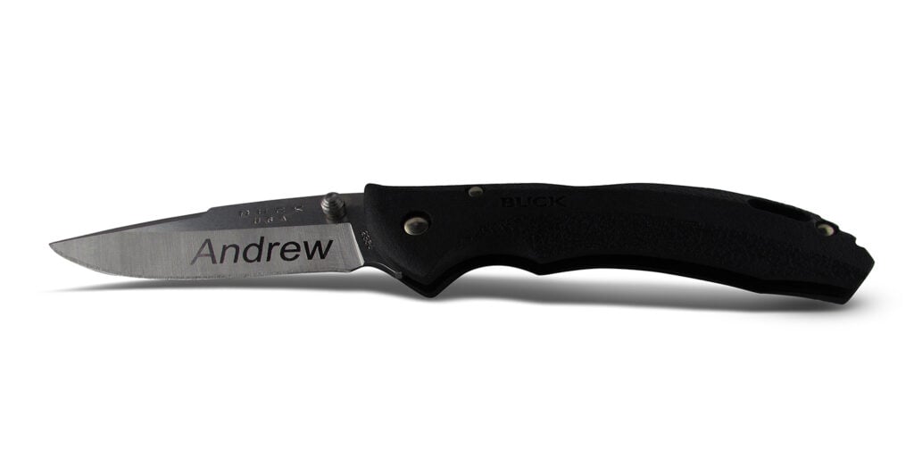 Buck Bantam 285 with personalized engraving on white background