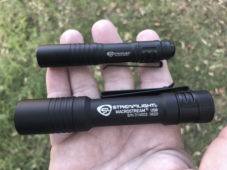 Engraved Streamlight Flashlights on a persons hand for size comparrison