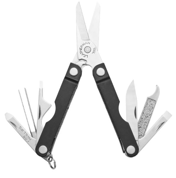 leatherman micra black handle open on a white background
