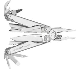Side profile of open leatherman surge multitool on white background