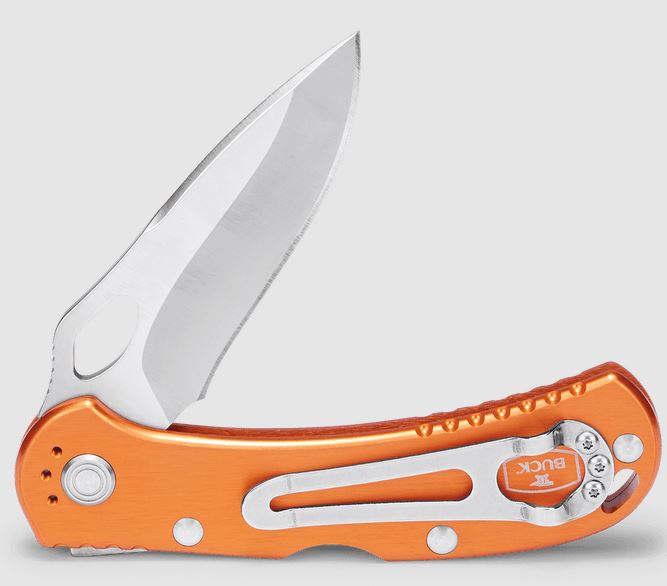 Buck Spitfire on gray background with laser engraved blade