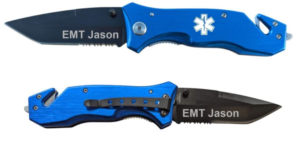 Blue handle pocket knife with black blade, laser engraving on both handle and blade on white background