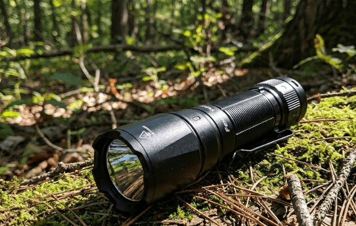 Black Fenix flashlight resting on mossy forest ground, showcasing outdoor gear durability.