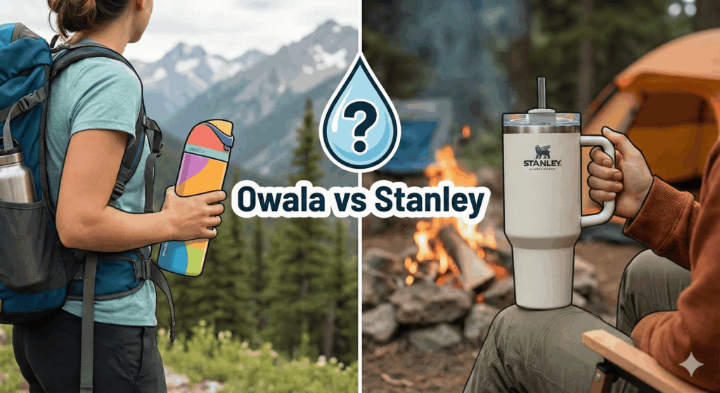 Outdoor enthusiasts debate Owala and Stanley water bottles against camping backdrop.