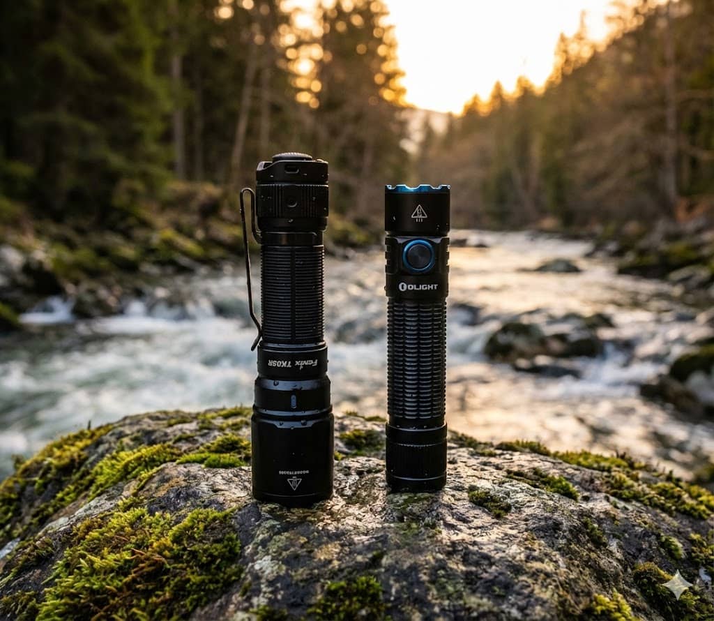 Two tactical flashlights, Fenix and Olight, showcased on a moss-covered rock near a flowing river during sunset.
