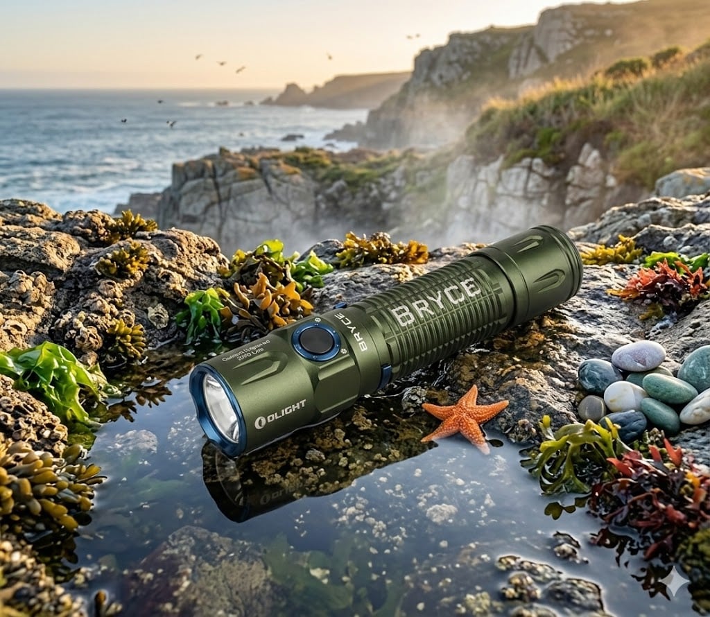 Custom Engraved Olight Warrior 3S flashlight in OD Green on coastal rocks with tide pool and ocean background.
