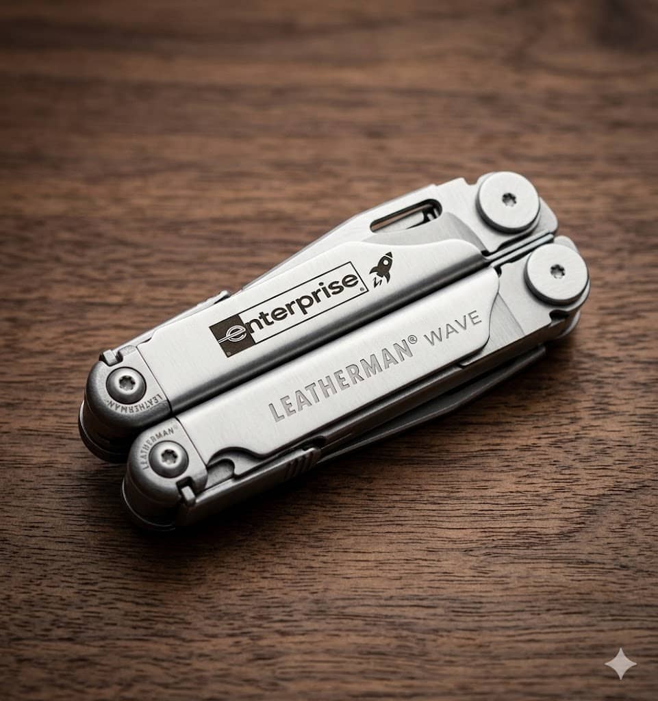 Leatherman Wave multitool with custom 'enterprise' engraving resting on wooden surface.