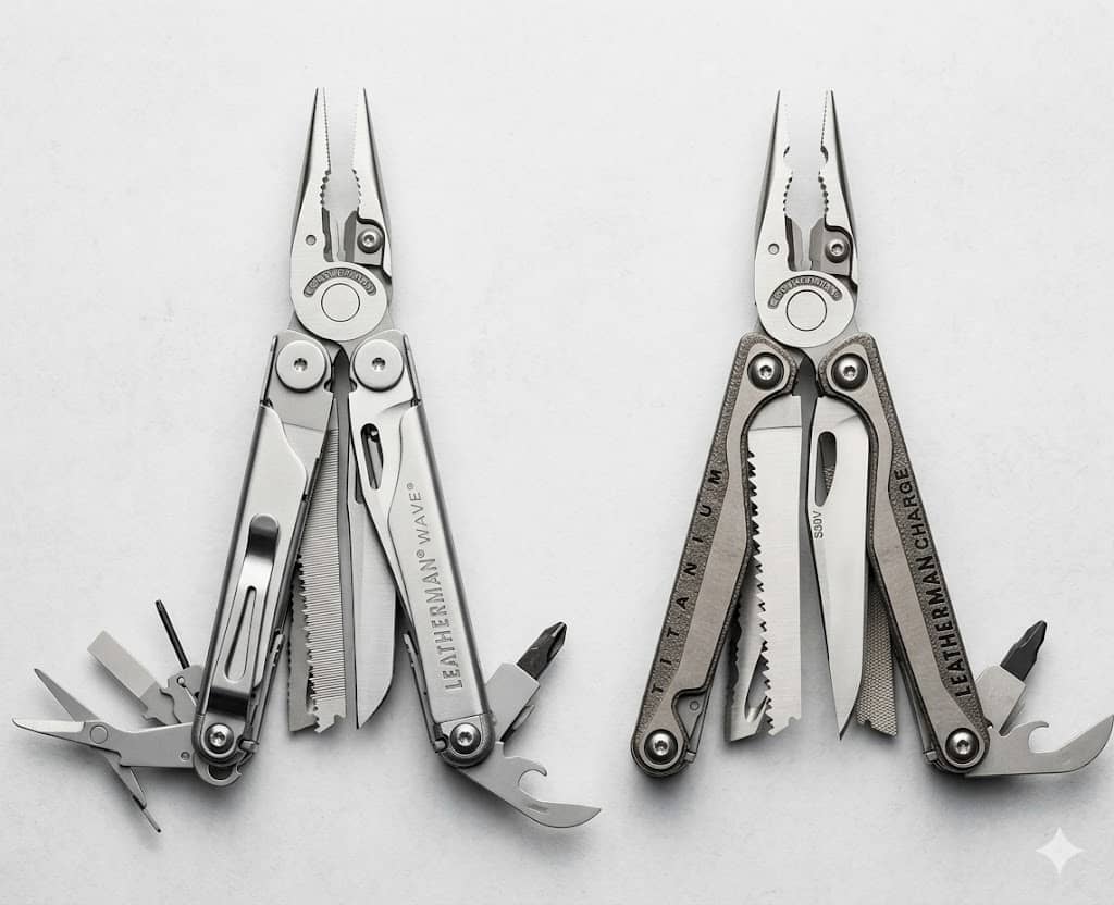 Side-by-side comparison of Leatherman Wave and Leatherman Charge multitools, showcasing fanned-out implements.