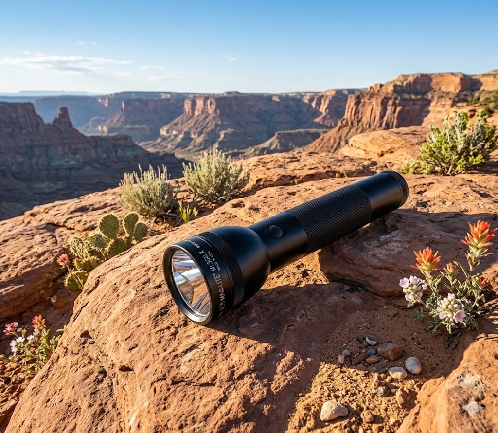 Black Maglite ML300LX flashlight on a rocky desert landscape with cacti and wildflowers.