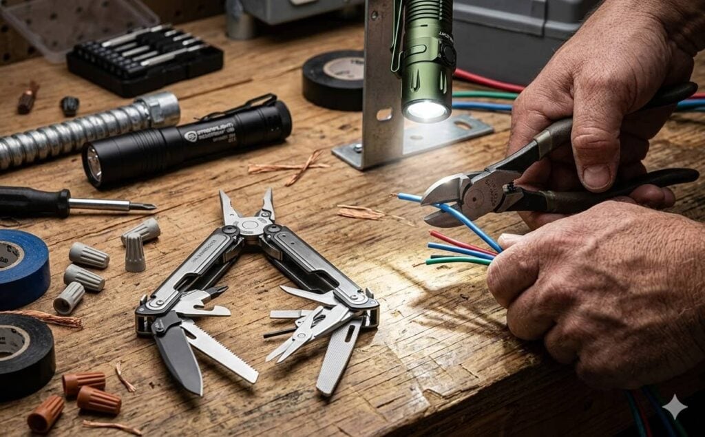 Hand holding wire cutter next to Leatherman multitool on a workbench, showcasing tools for electrical work.