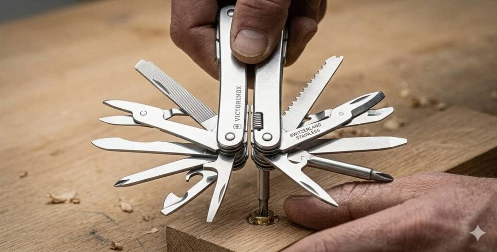 Close-up of a Victorinox multitool being used to tighten a screw with various tools extended, showcasing its versatility.