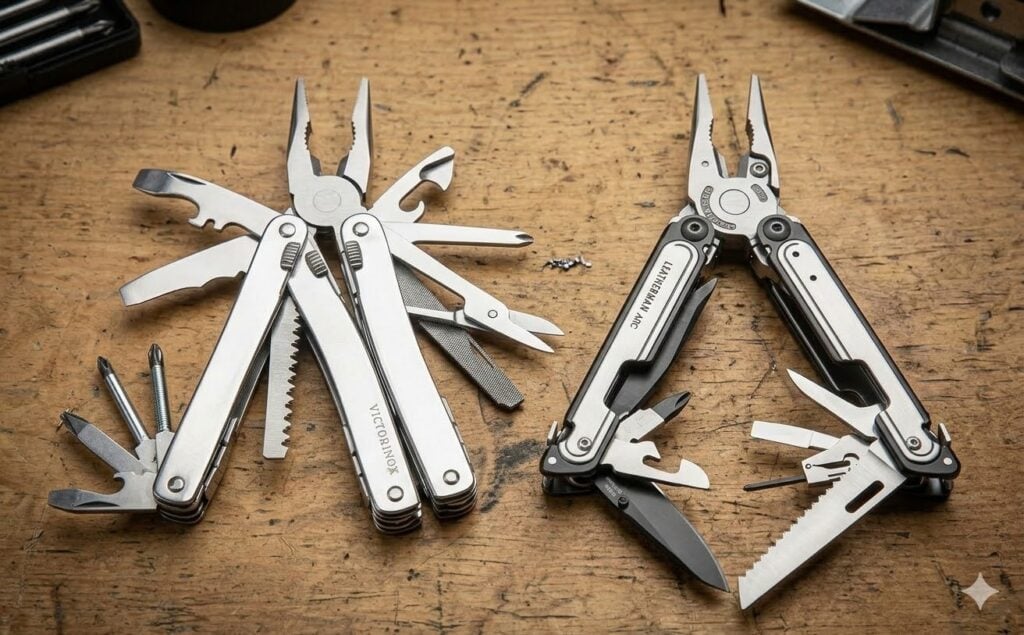 Victorinox and Leatherman multi-tools on a wooden workbench, showcasing their diverse toolsets for handy tasks.
