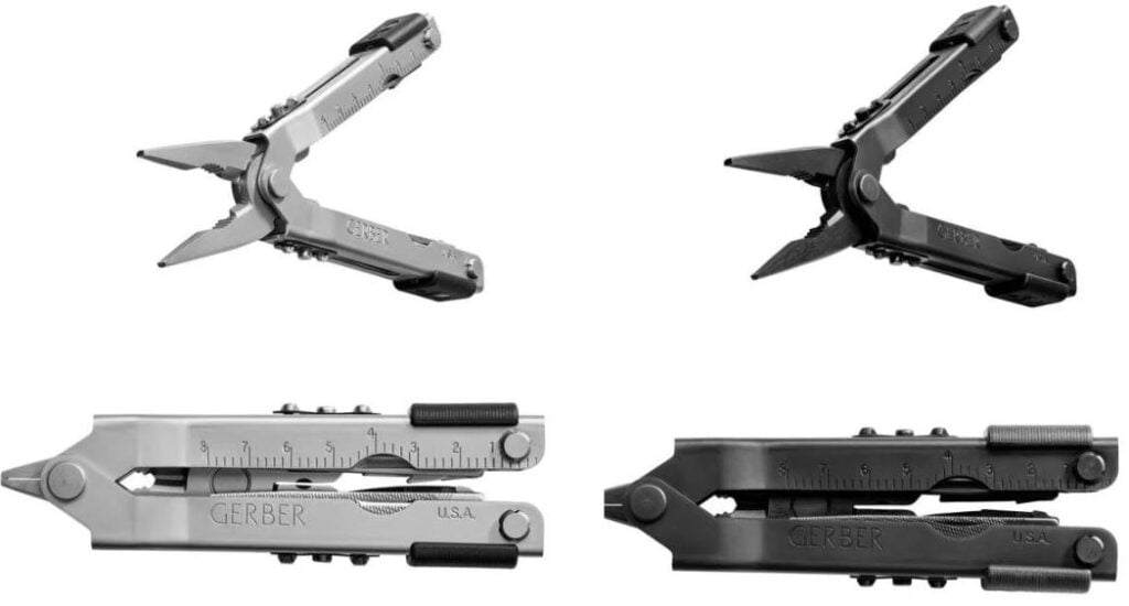 laser engraved Gerber MP600 multitools shown in stainless and black
