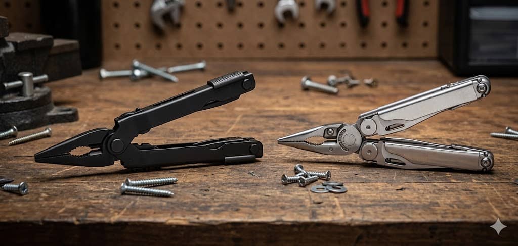 Two multitools, Gerber MP600 in black and Leatherman Wave Plus in silver, displayed open on a wooden workbench with scattered screws.