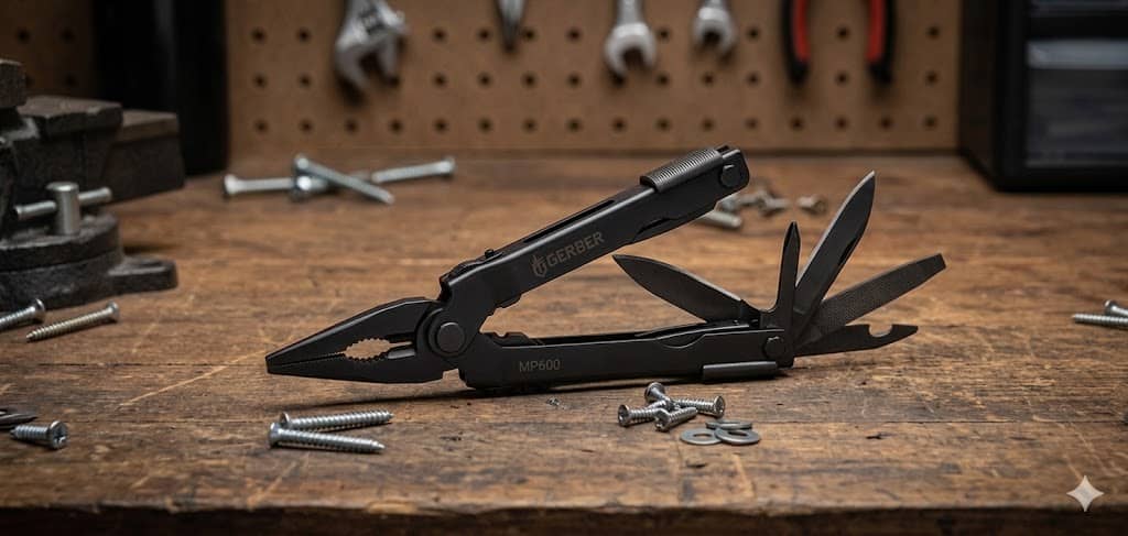 Black Gerber MP600 multitool displayed open on a wooden workbench with visible tools in the background.