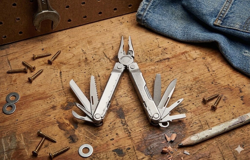 Leatherman Rebar multi-tool open on a wooden workbench with screws and denim nearby.