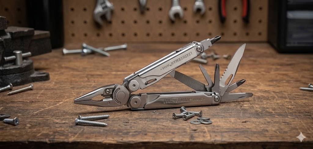 Silver Leatherman Wave Plus multitool open on a wooden workbench with various screws.