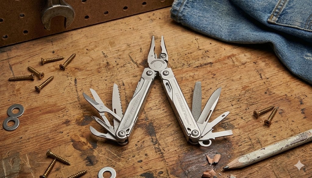 Leatherman Wingman multi-tool open on a wooden workbench with screws and denim nearby.