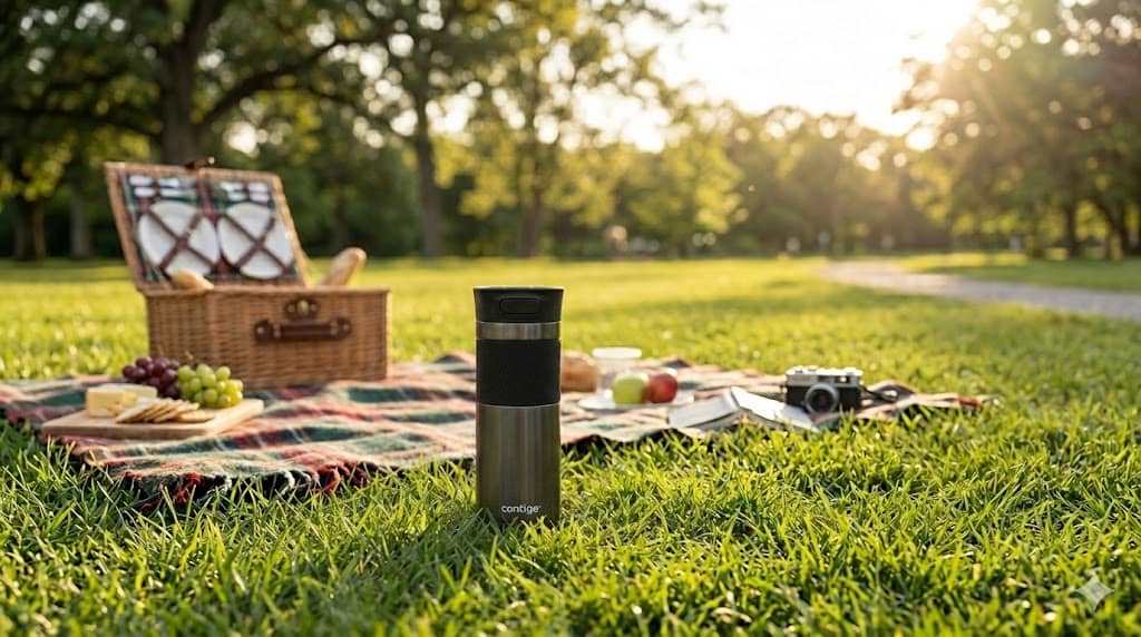 Contigo travel mug showcasing spill-proof technology on grass with vibrant background.