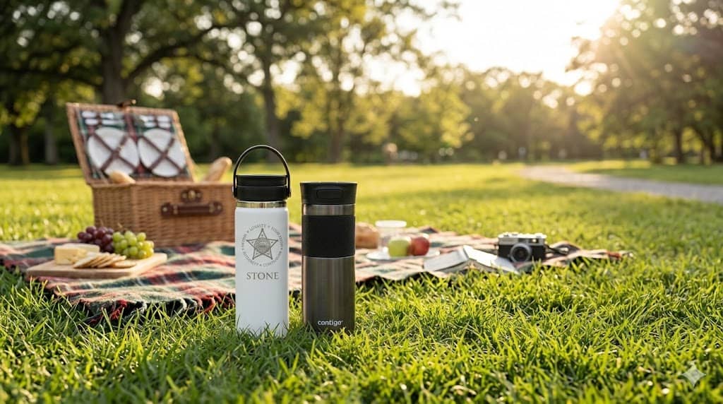 Two insulated bottles, Contigo and Hydro Flask, placed on a picnic blanket with a basket in a sunny park.