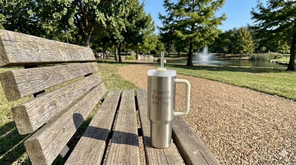 Customizable silver Stanley tumbler on a park bench, featuring sunny outdoor background.