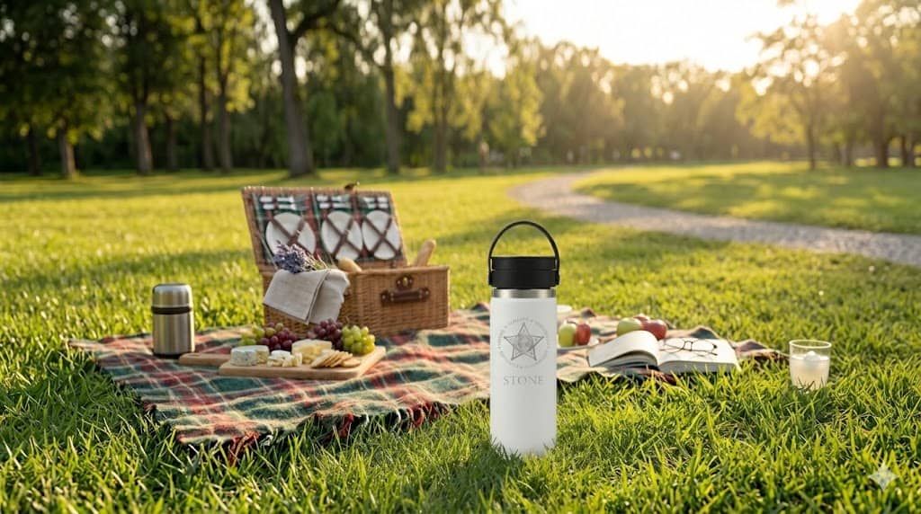White Hydro Flask with custom engraving in a sunny outdoor setting.