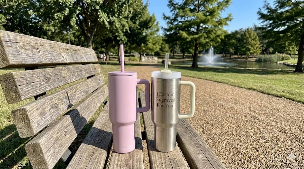 Two tumblers on a park bench, featuring a pink Simple Modern tumbler and a customizable silver Stanley tumbler with sunny outdoors.