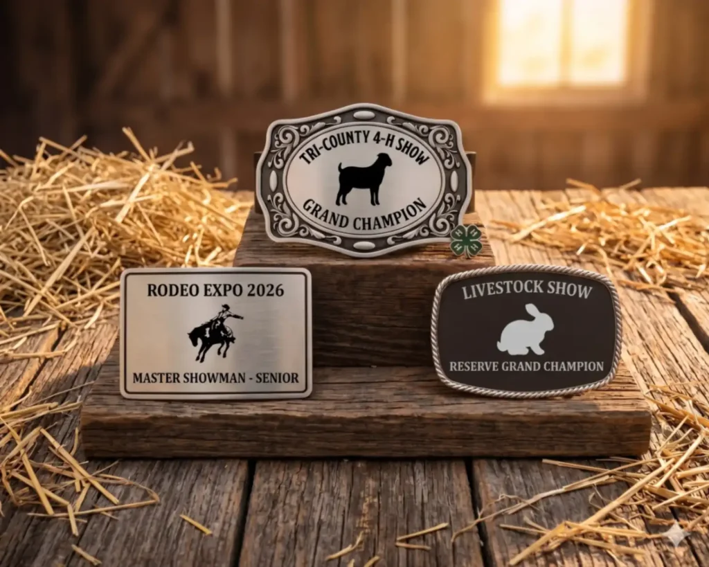 Three custom engraved livestock show belt buckles — a Tri-County 4-H Grand Champion, a Rodeo Expo Master Showman, and a Reserve Grand Champion — displayed on weathered wood with straw.
