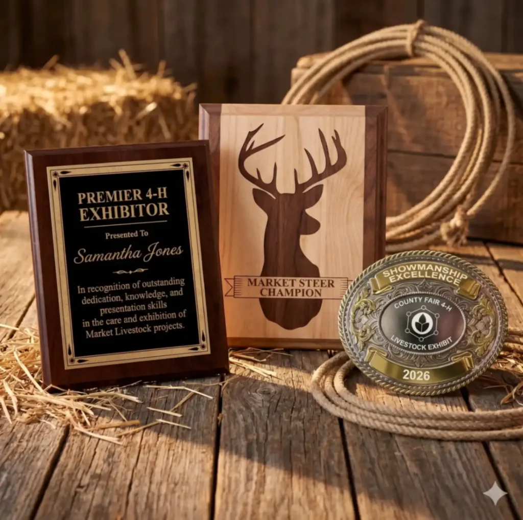 Custom 4-H awards including an engraved Premier Exhibitor plaque, a wooden Market Steer Champion plaque, and a Showmanship Excellence belt buckle on rustic barn wood.