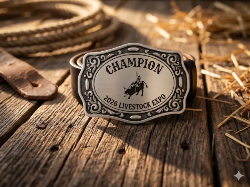 Custom engraved 2026 livestock champion silver belt buckle.