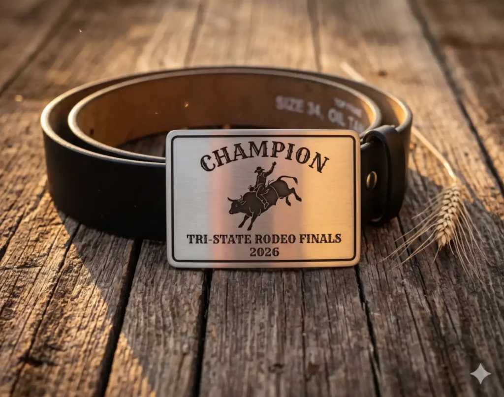 Custom engraved silver rodeo champion belt buckle on a leather belt, reading "Champion, Tri-State Rodeo Finals 2026" with a bull-riding design, on rustic barn wood.