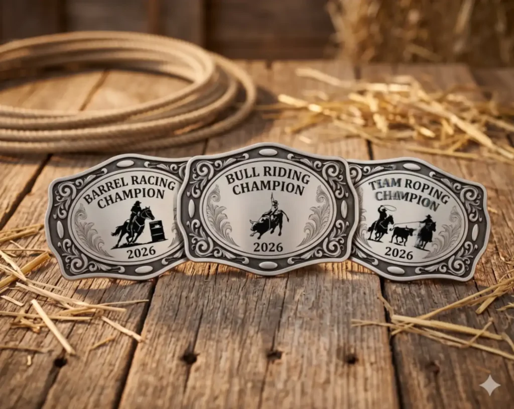 Three custom rodeo trophy belt buckles engraved for different events — Barrel Racing, Bull Riding, and Team Roping Champion 2026 on rustic barn wood.