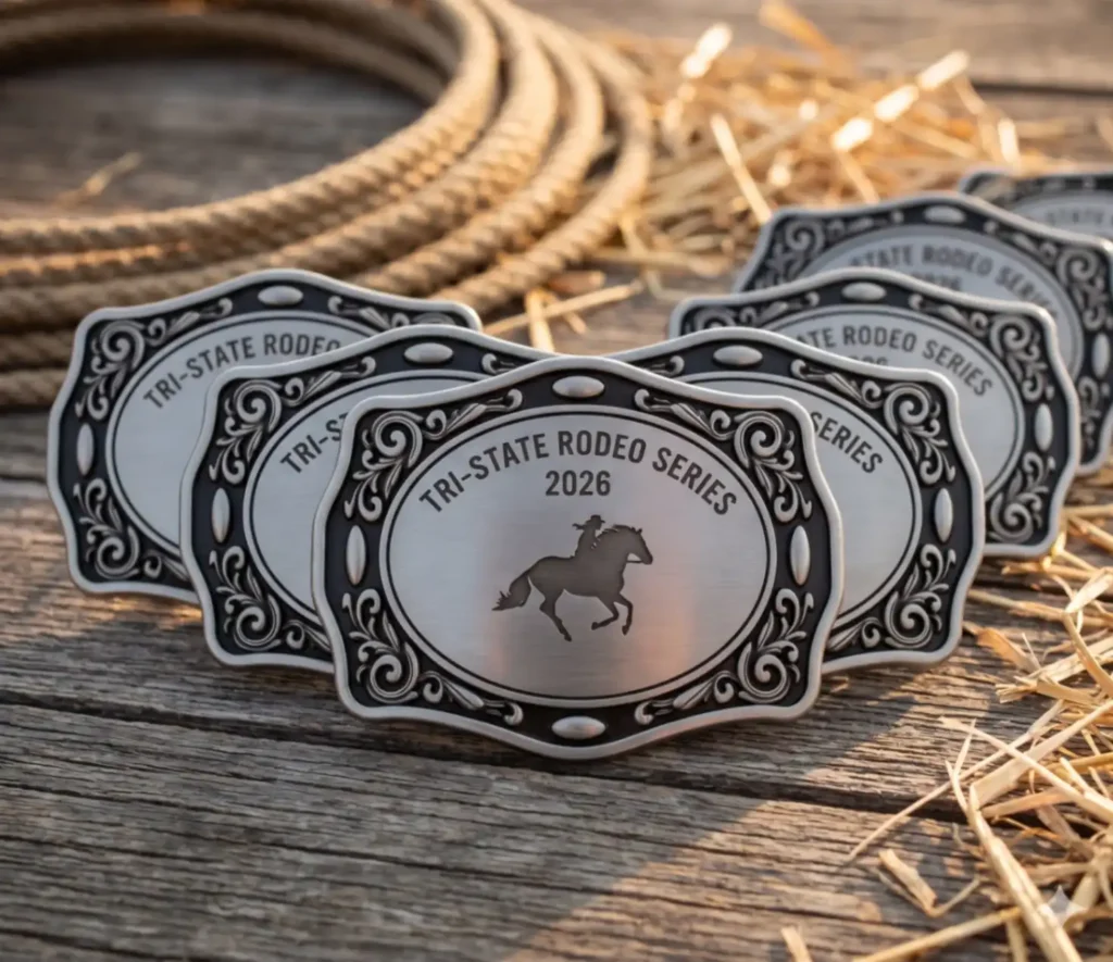 A set of matching custom engraved rodeo belt buckles, each reading "Tri-State Rodeo Series 2026" with a horse-and-rider design, displayed on weathered wood with straw.